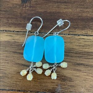 Faceted Blue Dangle Earrings with Opalescent Cream Beads